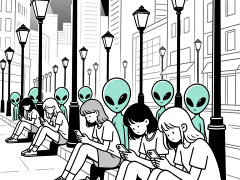 Girls and Aliens Absorbed in Their Phones on City Street
