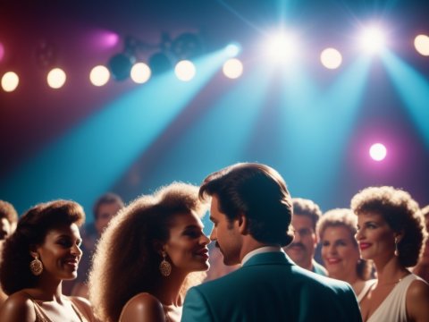 Glamorous 1980s Dance Party with Stylish Crowd