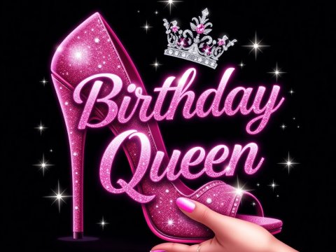 Glamorous Pink Glitter High Heel with Birthday Queen Text
