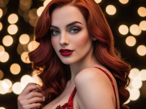 Glamorous Red-Haired Woman with Bokeh Lights