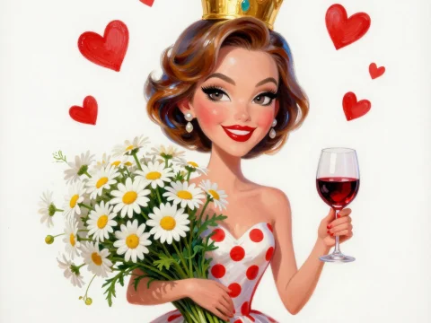 Glamorous Woman with Crown Holding Daisies and Wine