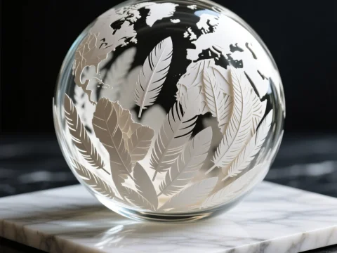 Glass Globe with Etched Feathers and World Map