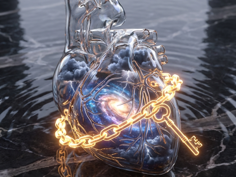 Glass Heart Containing Galaxy and Storm with Glowing Chain and Key