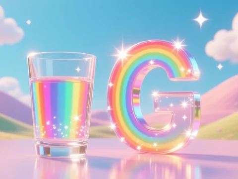 Glass of Water and Sparkling Rainbow Letter G in Dreamy Landscape