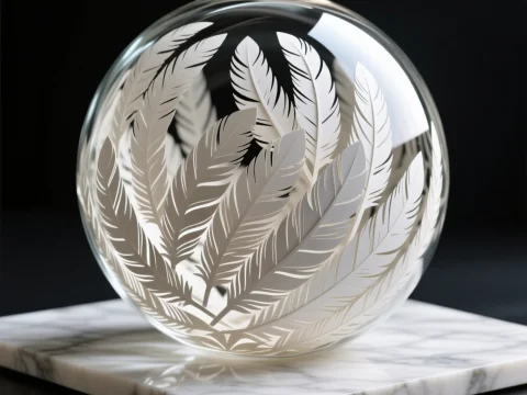 Glass Sphere with Intricate Feather Engravings on Marble Base