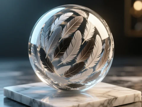 Glass Sphere with Intricate Feather Engravings on Marble Base