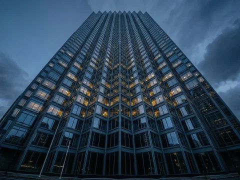 Glass Tower at Dusk with Illuminated Windows