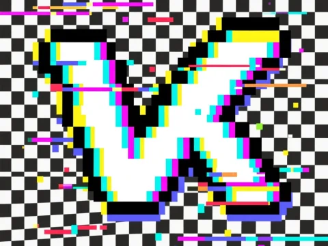 Glitch Pixel Art Letter V on Checkerboard
