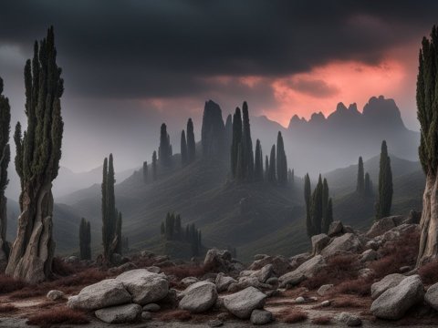 Gloomy Rocky Landscape with Tall Cypress Trees at Dusk