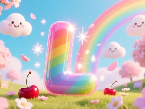 Glossy 3D Rainbow Letter L in a Whimsical Spring Landscape