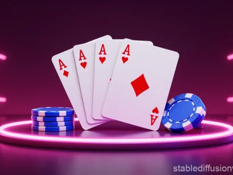 Glossy 3D Render of Four Aces and Poker Chips on Neon Stage
