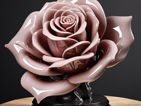 Glossy Ceramic Rose Sculpture on Wooden Base