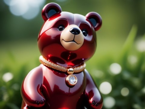 Glossy Red Bear Figurine with Gold Necklace