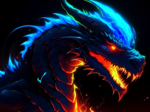 Glowing Blue and Orange Dragon Head in Dark Anime Style