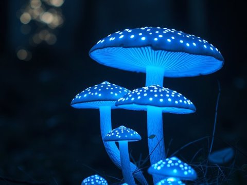 Glowing Blue Mushrooms in a Dark Forest