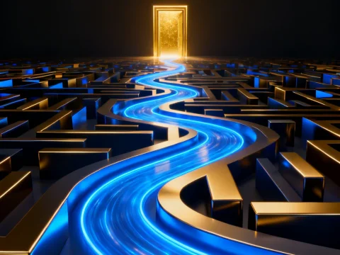Glowing Blue Path Through Golden Maze to Illuminated Door