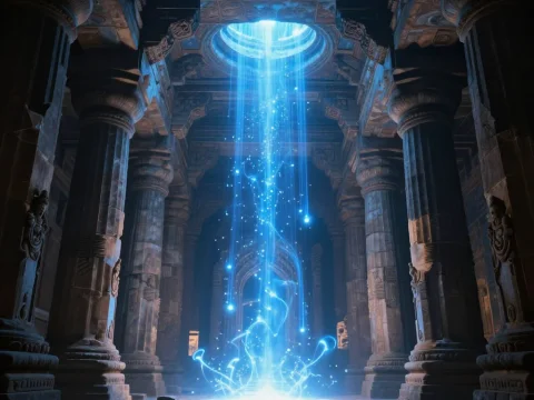 Glowing Blue Portal in Ancient Stone Temple