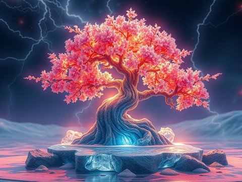 Glowing Bonsai Tree on Icy Platform with Lightning