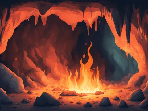Glowing Campfire Inside a Rocky Cave