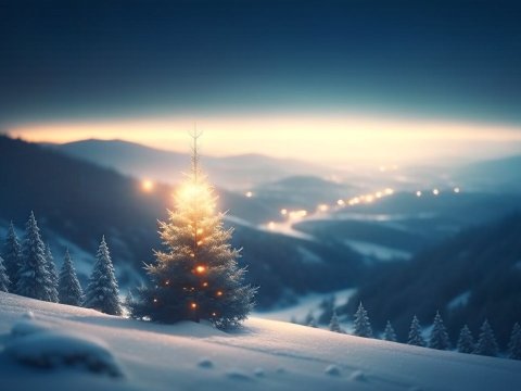 Glowing Christmas Tree in Snowy Mountain Valley at Dusk