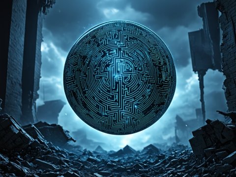 Glowing Circuit Sphere Hovering in Ruined Landscape