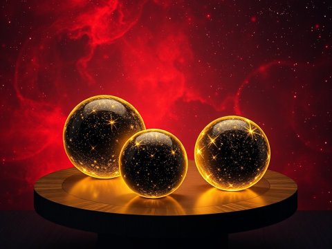 Glowing Cosmic Orbs on Wooden Pedestal with Red Nebula Background