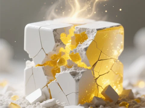 Glowing Cracked White and Yellow Cube with Radiant Light