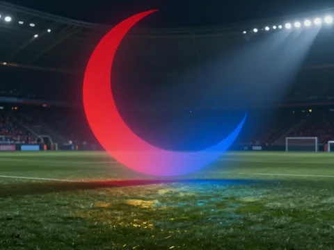 Glowing Crescent Moon in a Nighttime Stadium