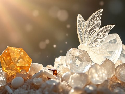Glowing Crystals and Delicate Glass Butterfly in Warm Light