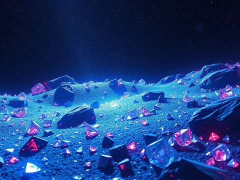 Glowing Crystals on a Blue Alien Landscape Under Starry Sky