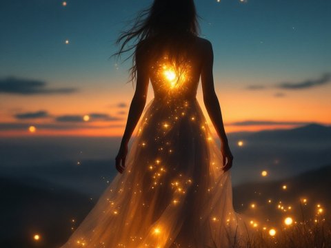 Glowing Female Silhouette at Twilight with Magical Lights