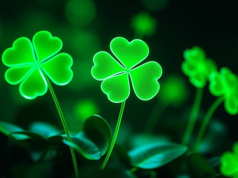 Glowing Four-Leaf Clovers in Neon Green