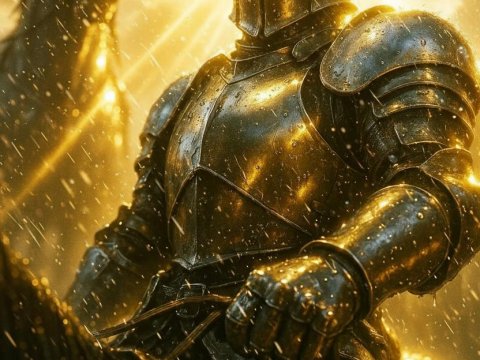 Glowing Knight in Rain with Horse