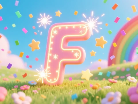 Glowing Letter F in a Magical Rainbow Meadow