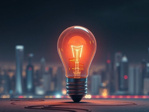 Glowing Lightbulb with Cityscape Reflection at Night