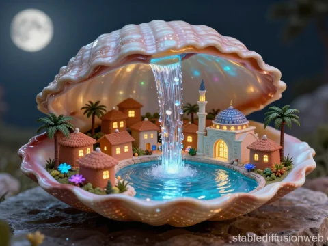 Glowing Miniature Village Inside a Giant Shell at Night