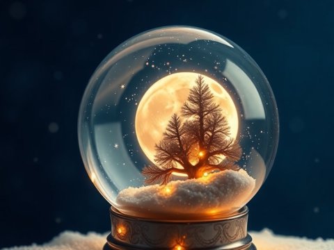 Glowing Moon and Tree Inside a Snow Globe