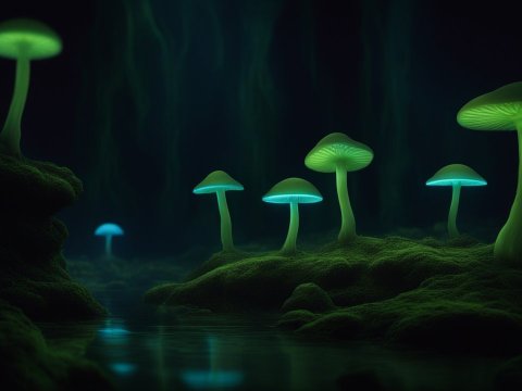 Glowing Mushrooms Illuminating a Dark Cave