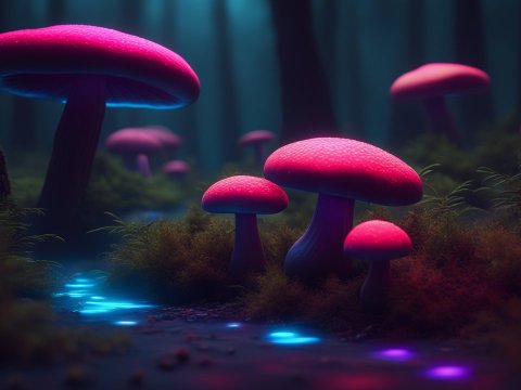 Glowing Neon Mushrooms in a Mystical Forest
