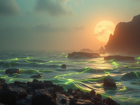 Glowing Ocean Waves at Sunset with Rocky Shoreline