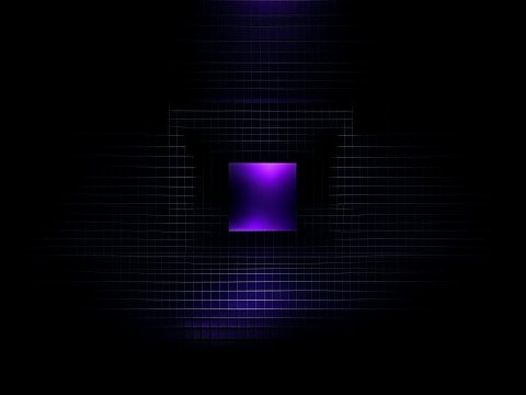 Glowing Purple Cube in Dark Grid Space