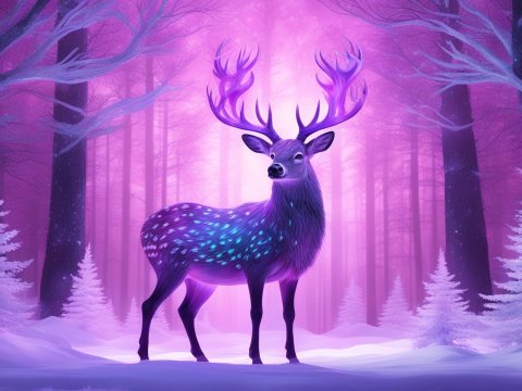 Glowing Purple Deer in Enchanted Winter Forest