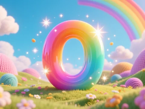 Glowing Rainbow Letter O in a Whimsical Yarn Landscape