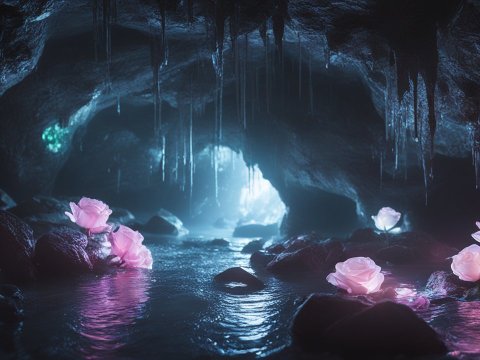 Glowing Roses Illuminate a Dark Underground Cave