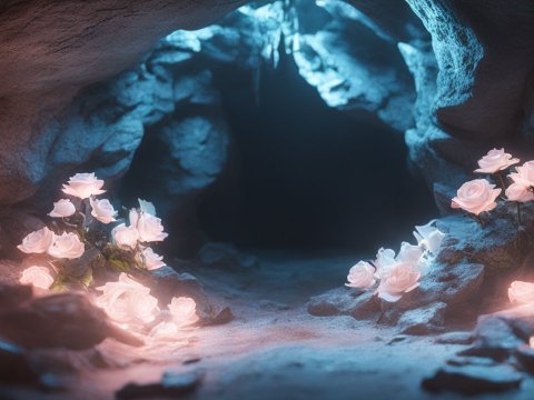 Glowing Roses Illuminating a Dark Underground Cave