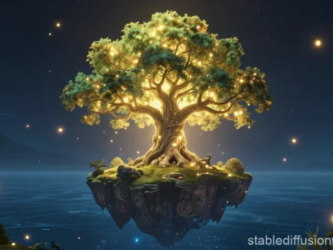 Glowing Sacred Tree on Floating Island at Night