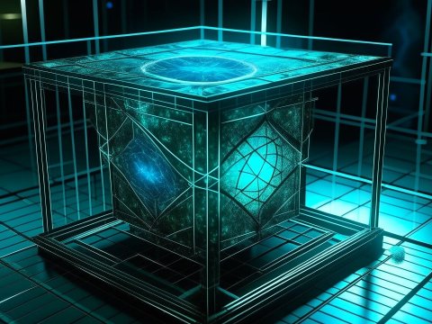 Glowing Tesseract Cube in Futuristic Grid Environment