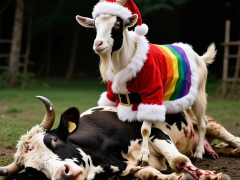 Goat in Rainbow Santa Outfit Standing on Dead Cow