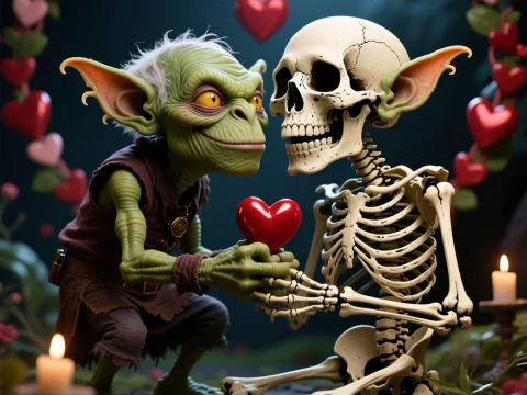 Goblin and Skeleton Sharing a Heart in a Romantic Setting