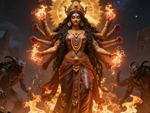 Goddess Kali with Fiery Aura and Demonic Shadows